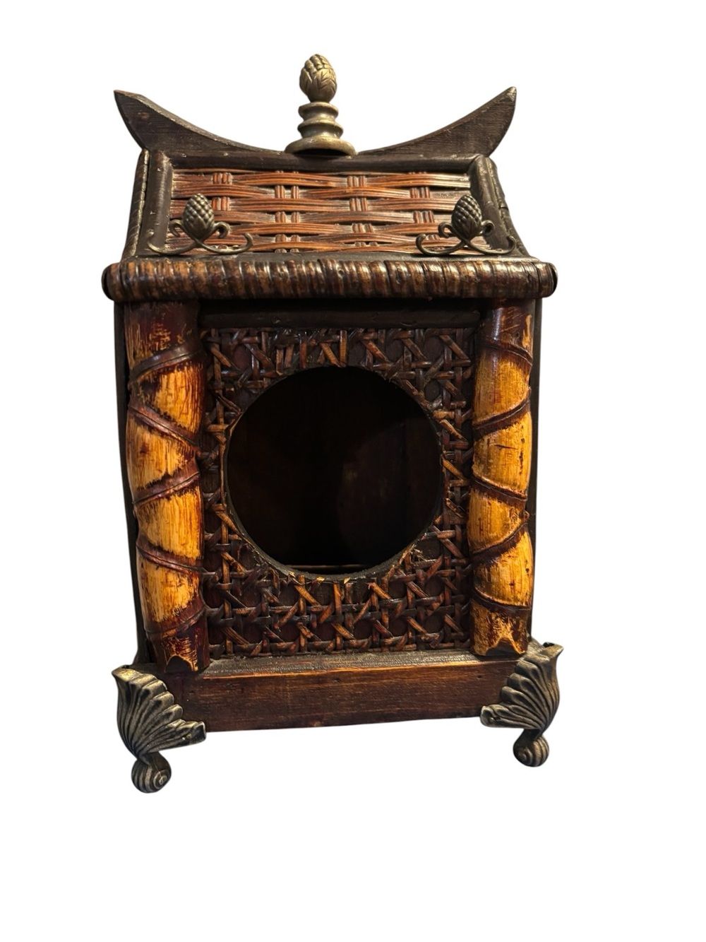 Vintage Asian Style Pagoda Wood Trinket Shrine Box Bamboo Woven Design Decor